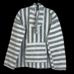 San Jose Baja Men's Hoodie Drod Rug Pullover Striped Black White Size Large